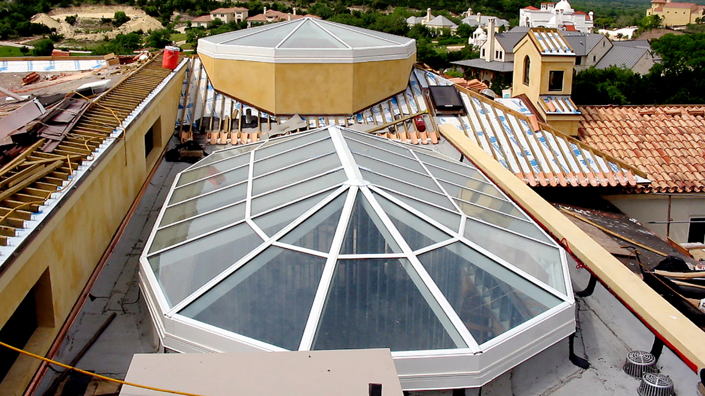 Three polygonal skylights - one 8-sided, one 10-sided, and one straight eave double pitch irregular bullnose end 