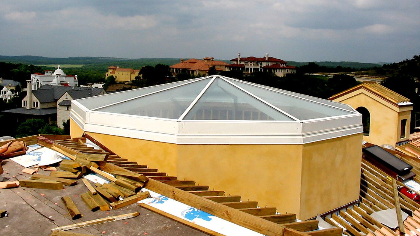 Three polygonal skylights - one 8-sided, one 10-sided, and one straight eave double pitch irregular bullnose end 