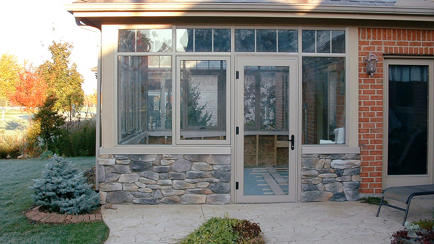 Three mulled window sections, awning windows, a terrace door, and transoms, with BEFORE photo