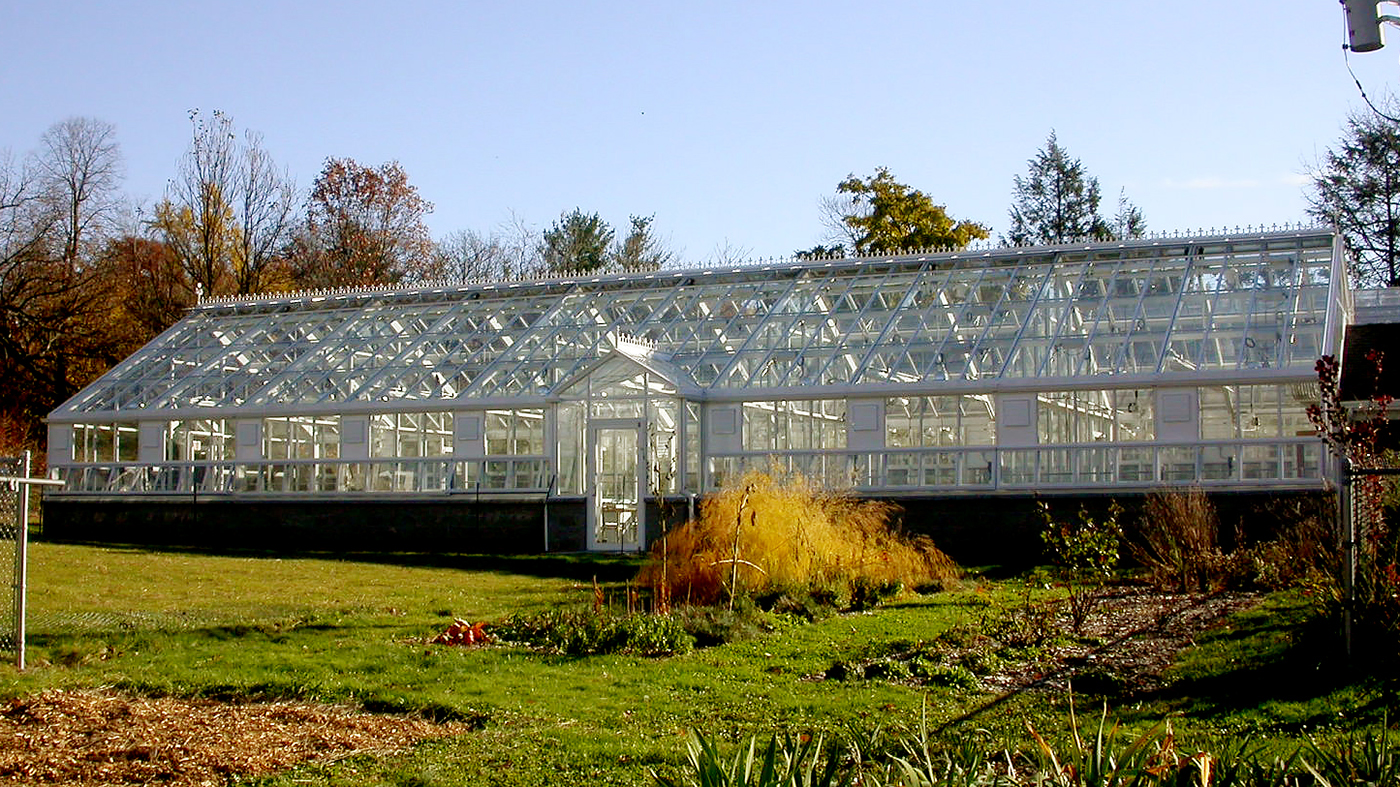 Institutional straight eave, double pitch greenhouse constructed with the restoration system.