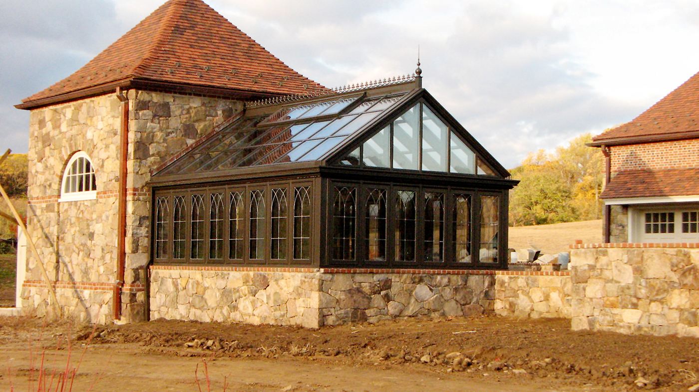 Greenhouse with leaded glass grids