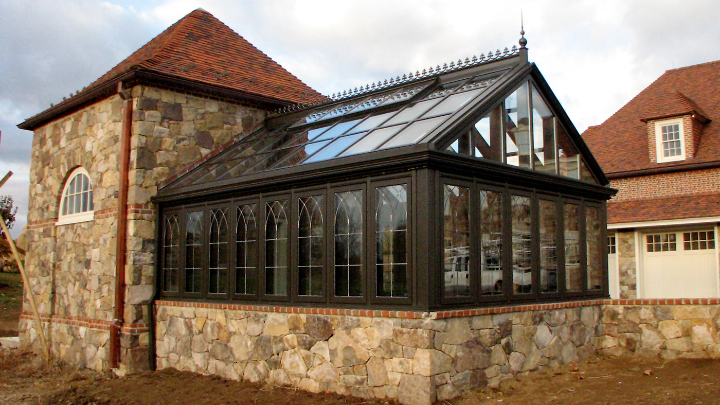 Greenhouse with leaded glass grids