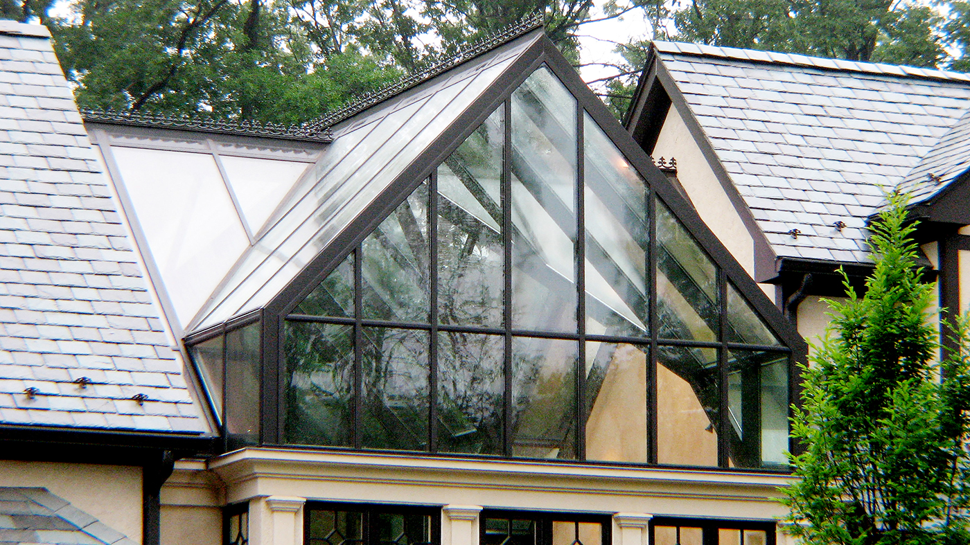 Straight eave double pitch skylight with two straight eave double pitch dormers with ridge cresting, constructed with 7 inches aluminum system.