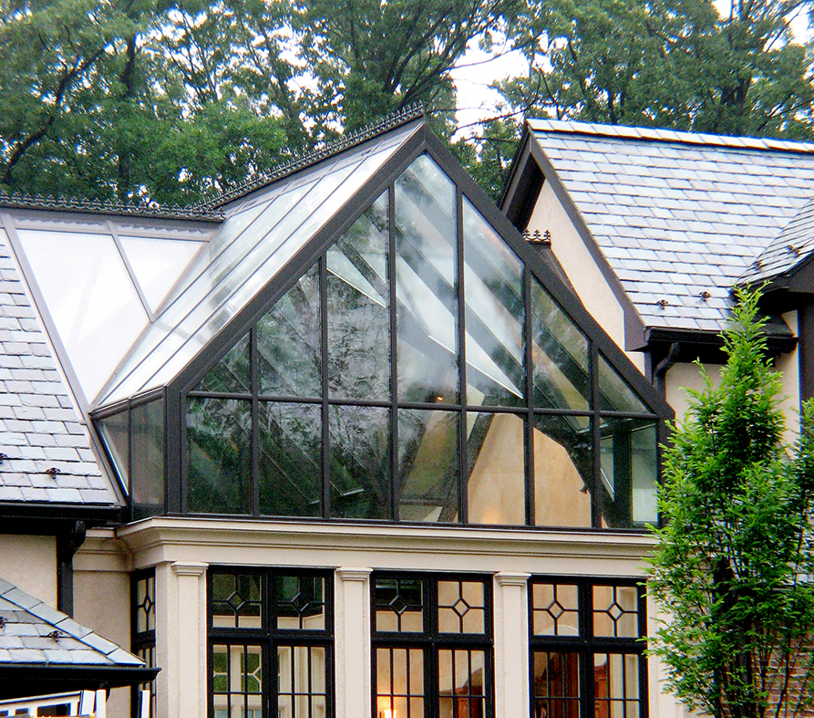Straight eave double pitch skylight with two straight eave double pitch dormers with ridge cresting, constructed with 7 inches aluminum system.