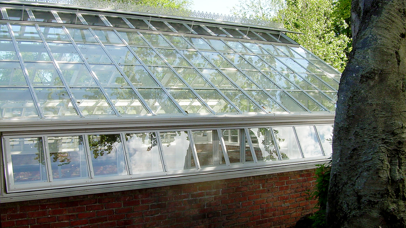 Straight eave, double pitch greenhouse with dormer, ridge cresting, and finial. Restoration System with cold frame.