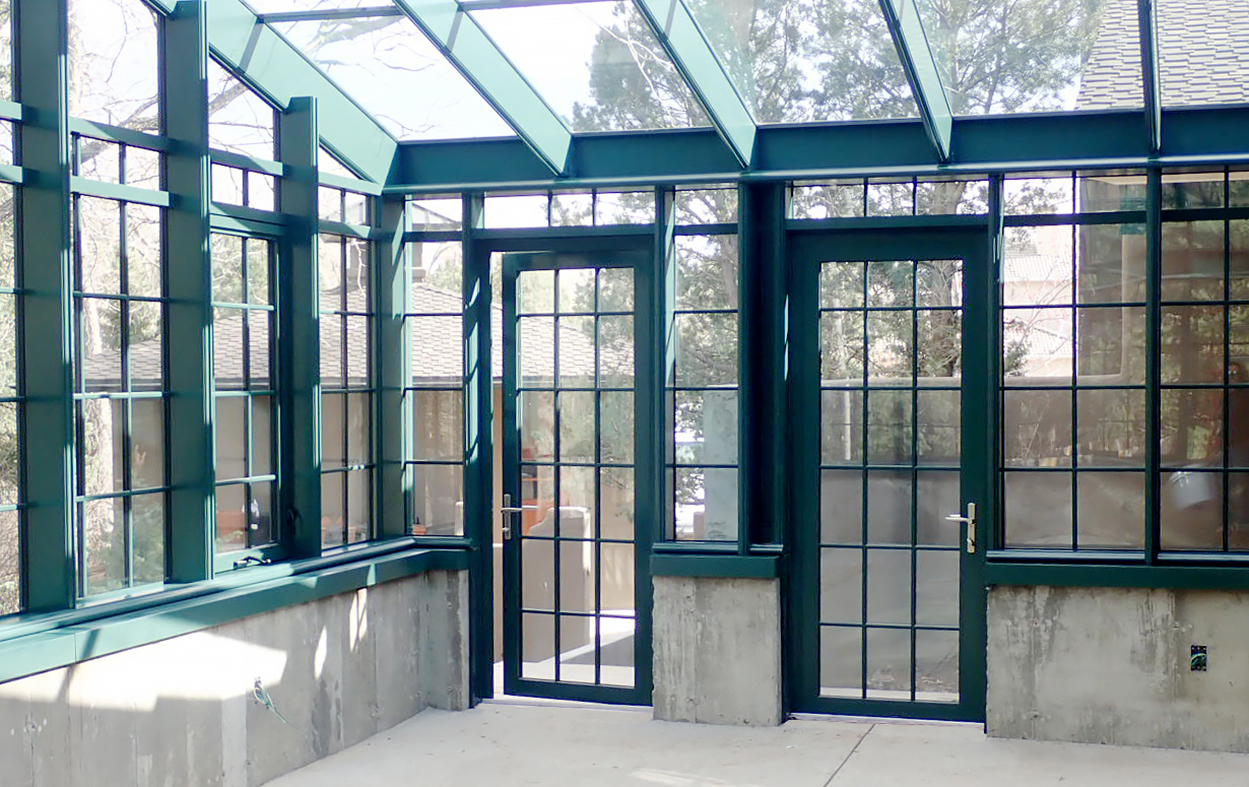 Straight eave double pitch greenhouse with good Awning window crank, bulbous cap and Toronto handle details