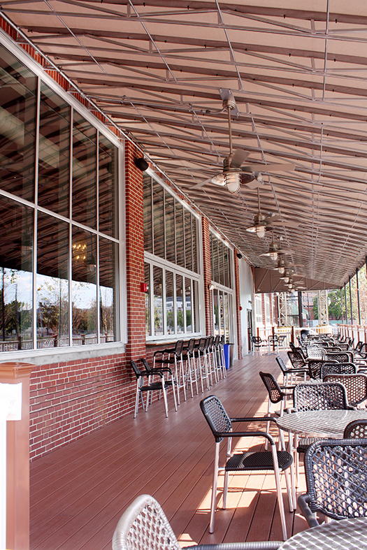Restaurant exterior consisting of folding windows, terrace door, curtain wall and transoms.