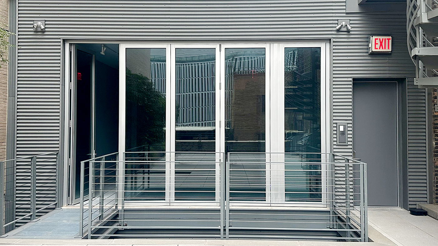 Three G3 infold bifold doors: One five-panel single door last panel (SDLP), one single door hinged jamb (SDHJ) with a fixed panel, and six double door mid-wall (DDMW).