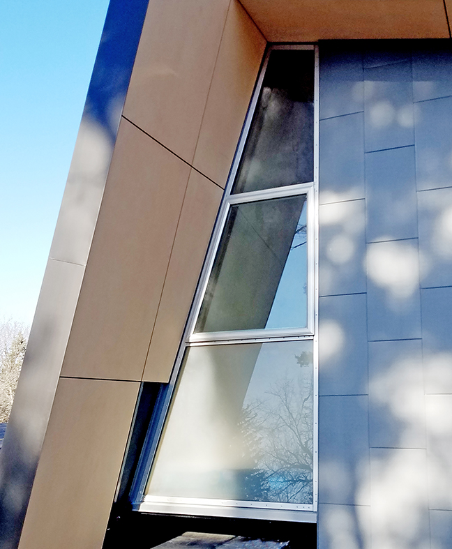 Aluminum curtain walls with integrated awning windows and swing doors