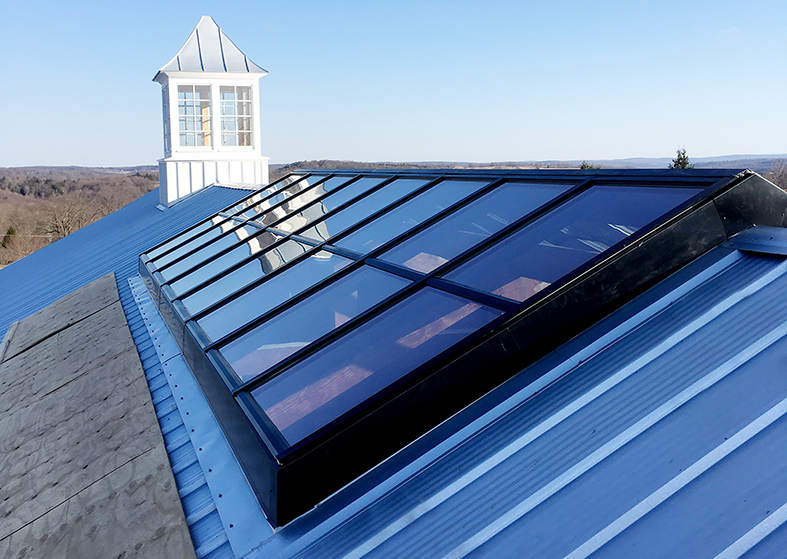 Straight eave double pitch ridge-mounted skylight