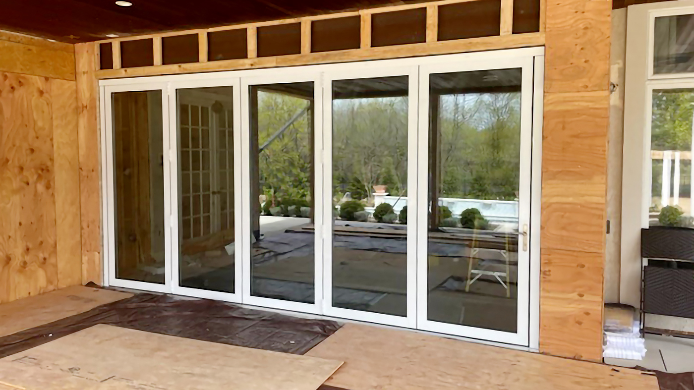 One five panel (all wall, all panels stack to the left) bifold door unit