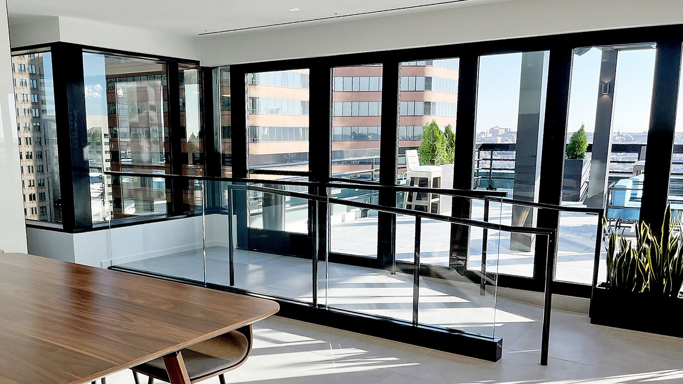 One 10-panel floating bifold door with a black anodized finish
