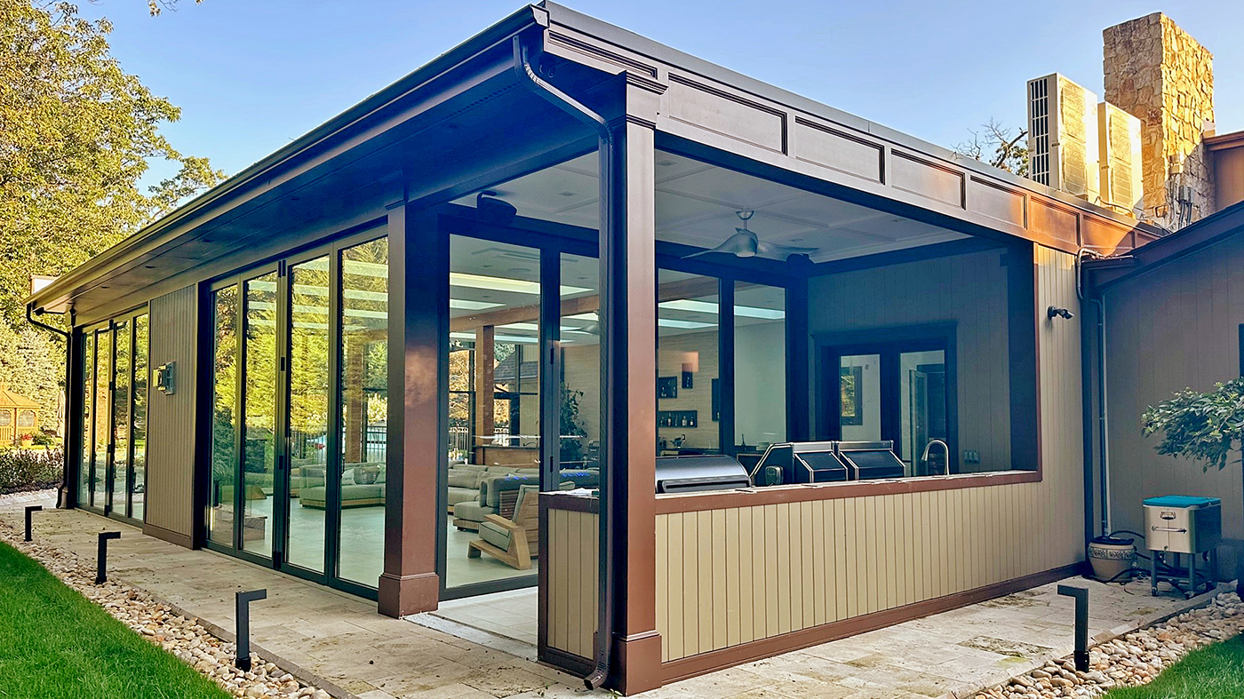 Eight fixed welded curb skylights, two four-panel G3 outfold and one four-panel G3 infold split wall bifold door units, and one aluminum curtain wall with an integrated swing door
