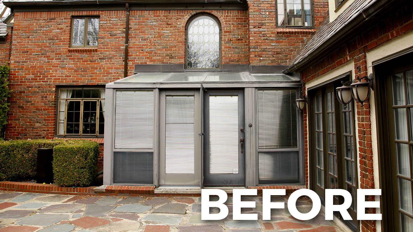 Straight eave lean-to sunroom with a terrace door and dormer. Includes a BEFORE photo.
