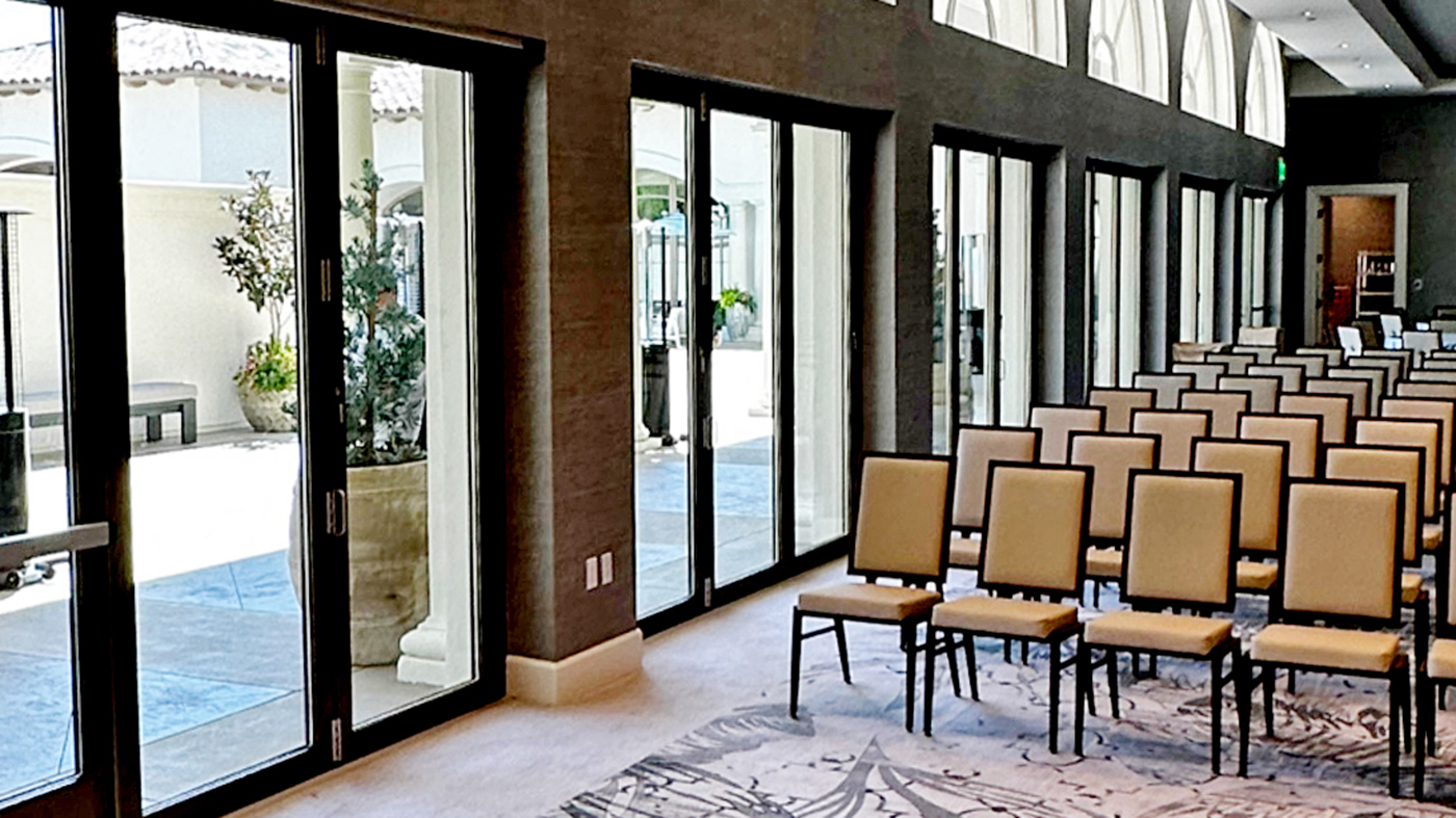 Six three-panel G2 outfold bifold door units, two are single door hinged jamb (SDHJ) and four are all-wall configurations.