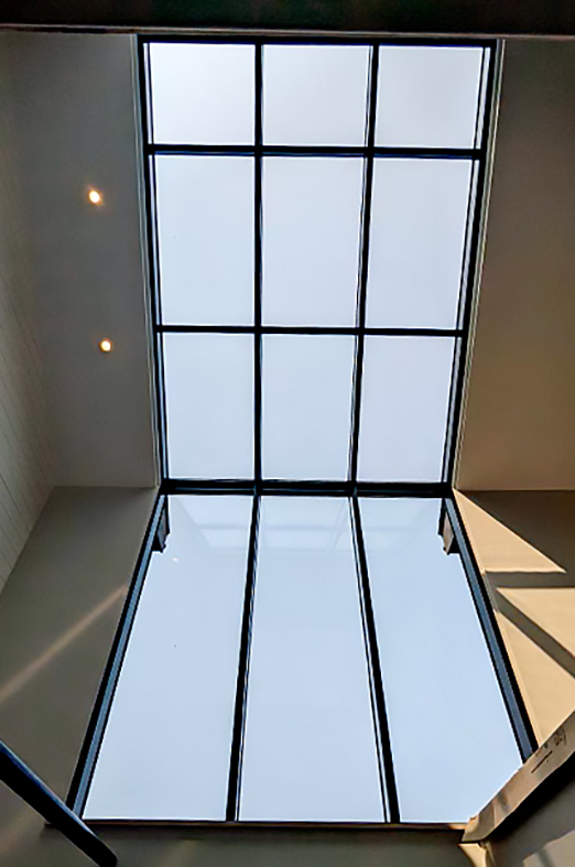 Straight eave lean-to dual-finish fixed skylight/aluminum curtainwall