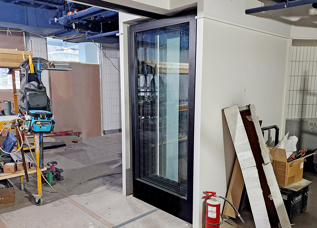 One six-panel, and two three-panel G2 floating center pivot single-panel last panel (SDLP) bifold door units.